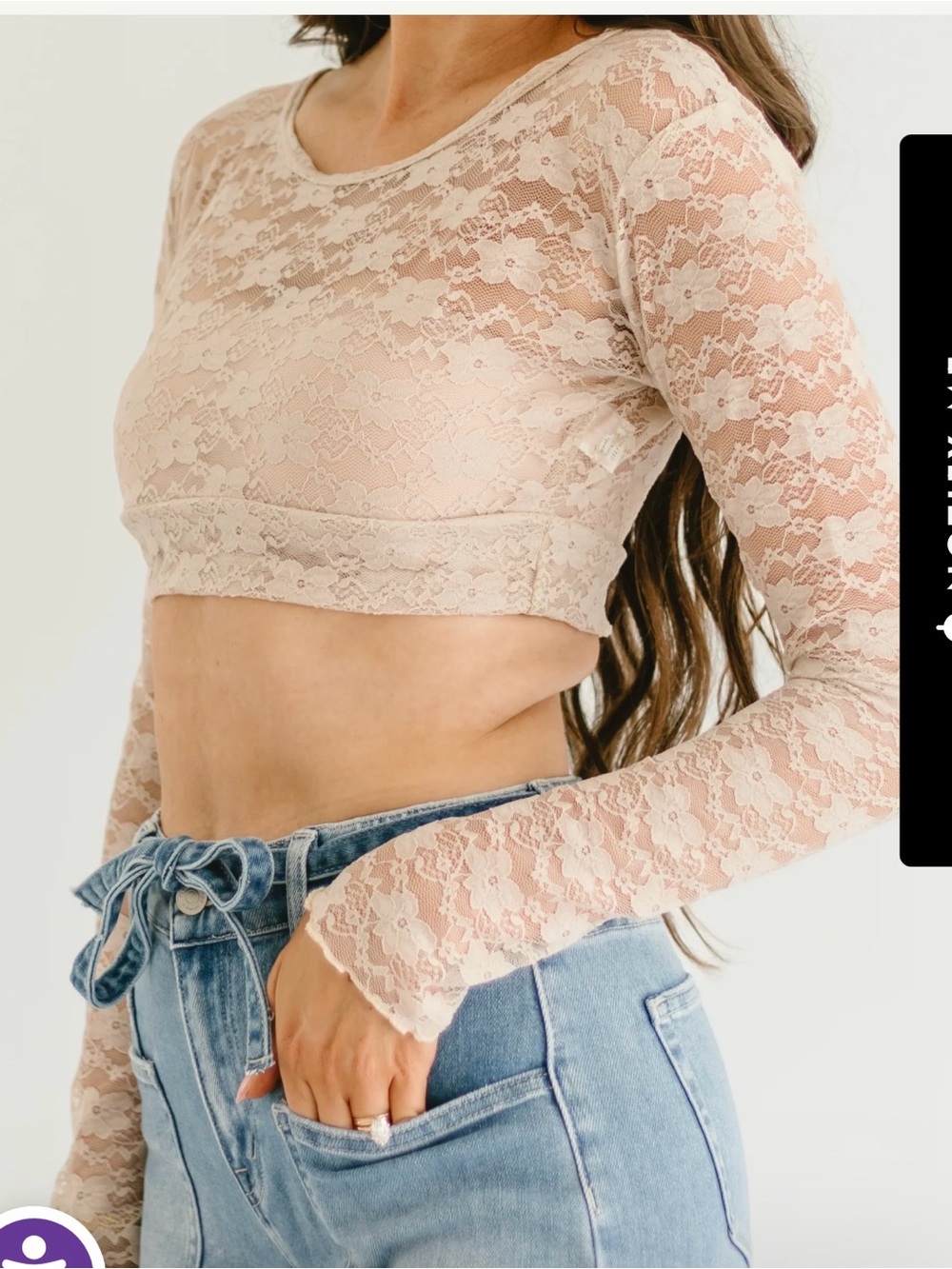 HALFTEE Sheer Lace Long Sleeve Crop Top - Latte 3x